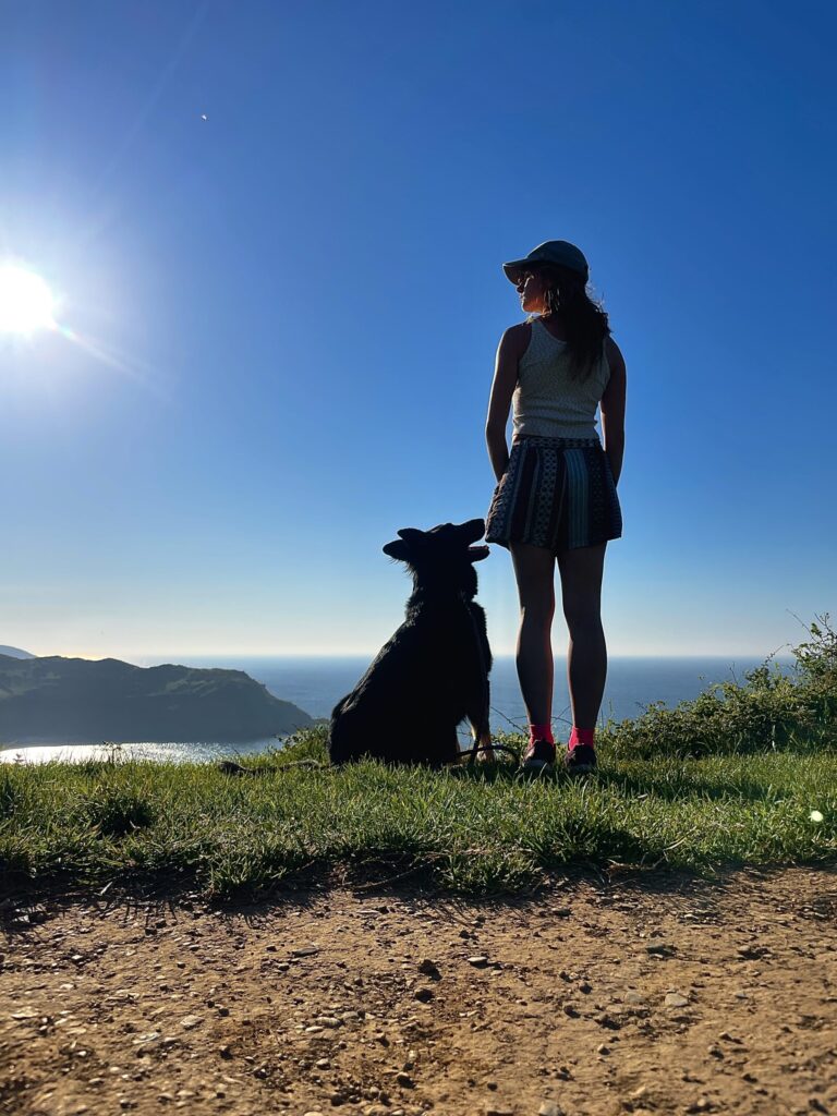 Lady and her dog looking out across clifftop